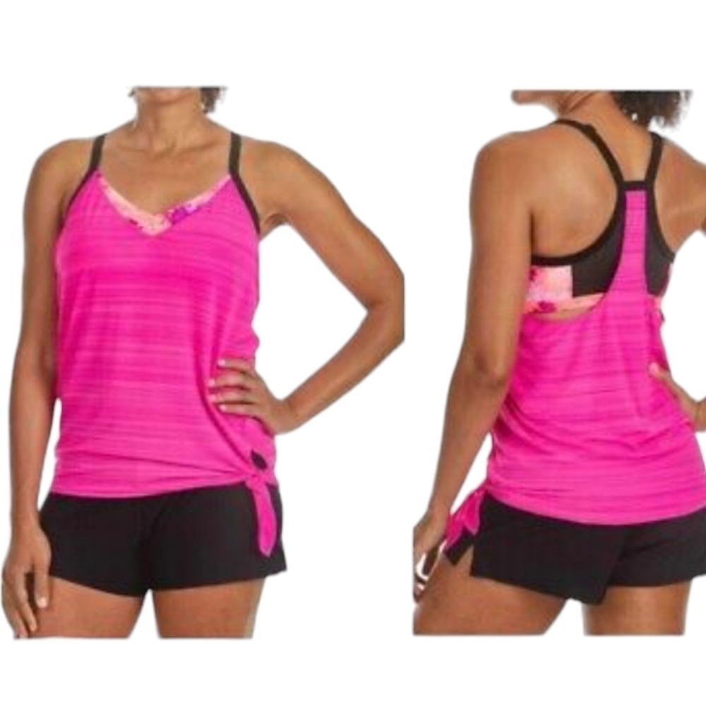 ZeroXposur Tankini Top Womens Medium Fuchsia Layered Built-in Bra  Tie Y985965S